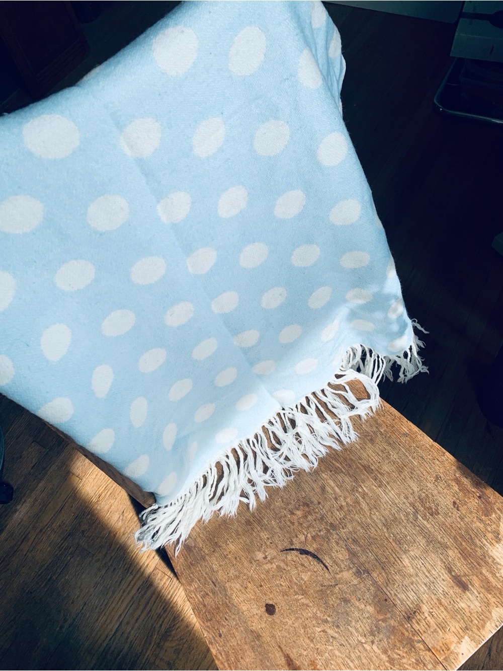 Sweeeeet reversible pale, blue and winter white polkadot blanket with fringe🩵❄️